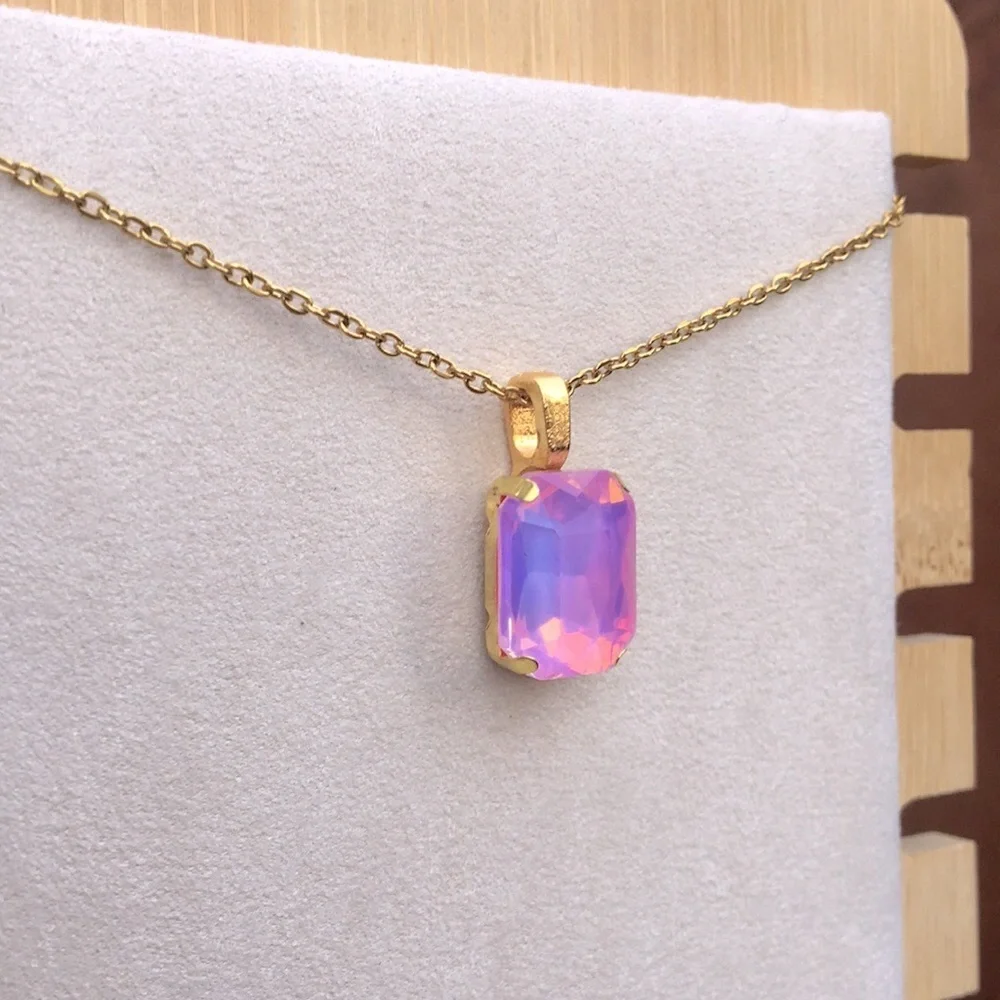 Pink-Purple Opal Aurora Borealis + Gold Emerald Cut Crystal Pendant Necklace - Picture 6 of 14